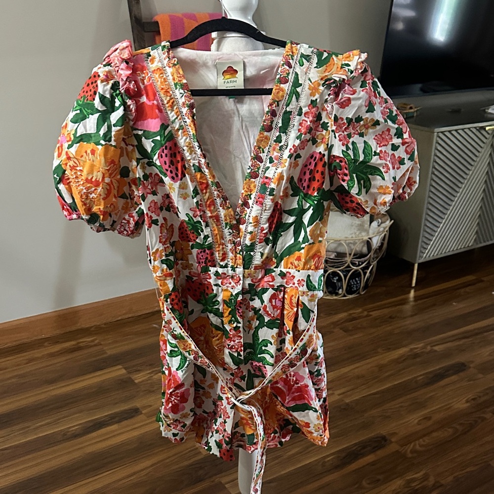 FARM Rio White Floral & Fruit Puff-Sleeve romper